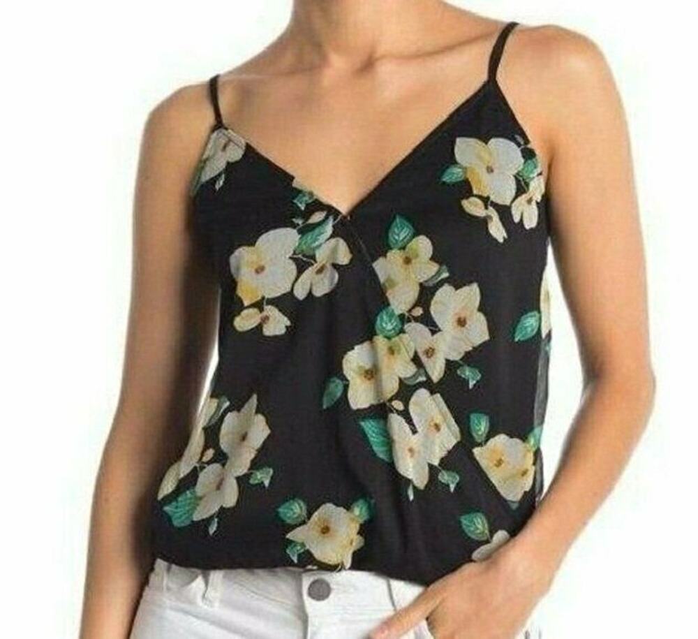 free press Floral Surplice Cami Top Women's L Black Lined Adjustable Straps